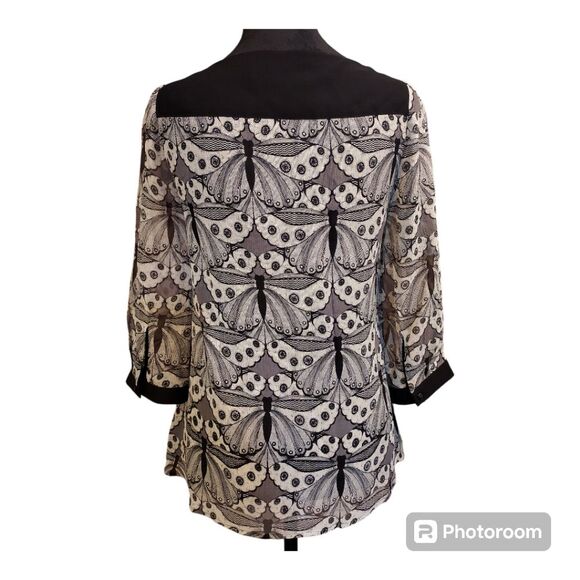 Express Black & White Silk Shell 3/4 Sleeve Butterfly Blouse Size XS - Picture 5 of 12